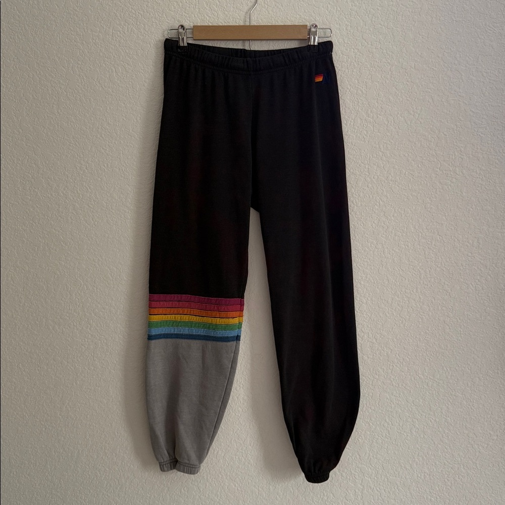 Aviator Nation Black Track Joggers with Rainbow Stripe & Gray Cuff